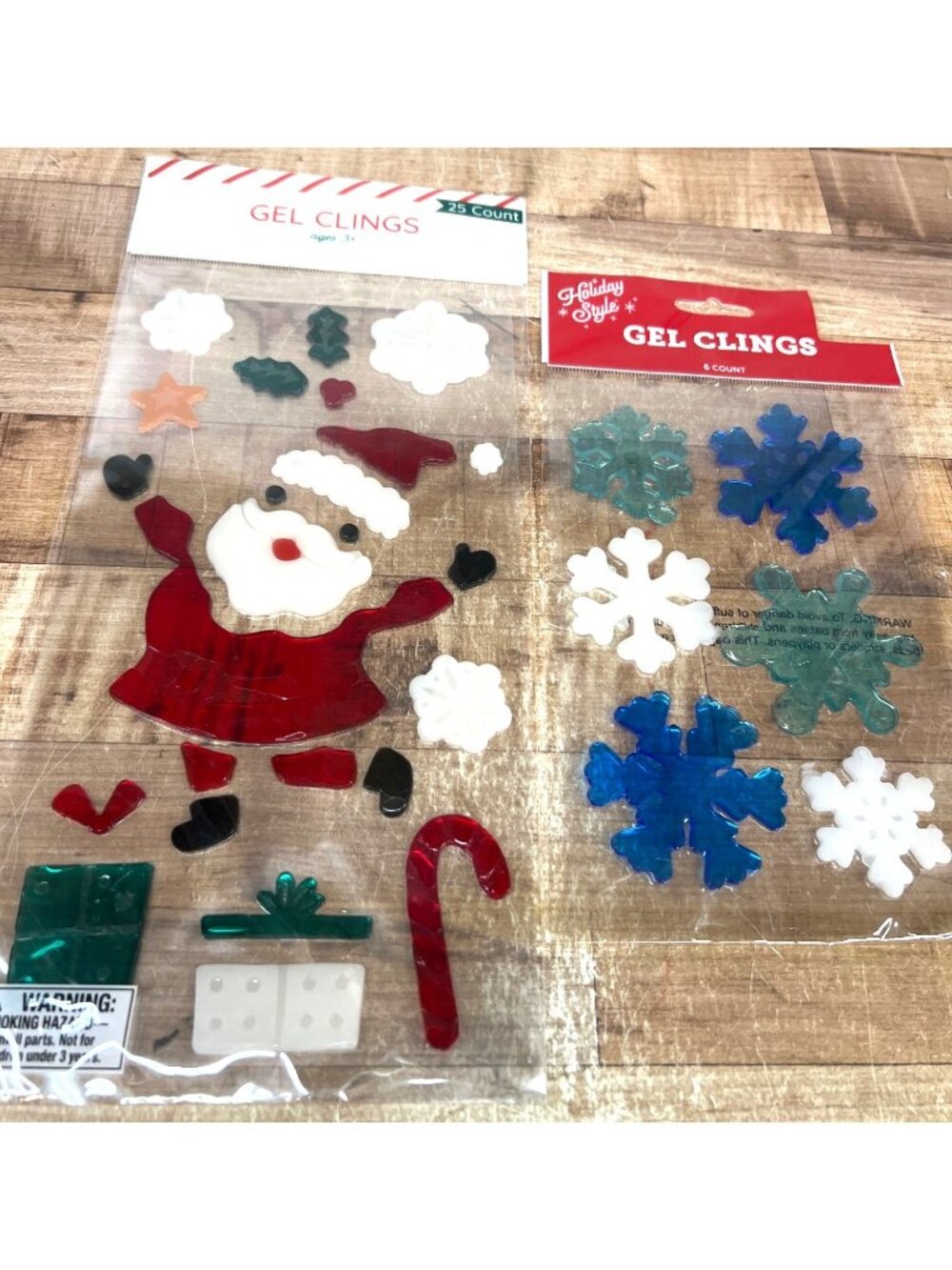 Santa & Snowflake Gel Clings Window Decorations 25 & 6 Count Ages 3+